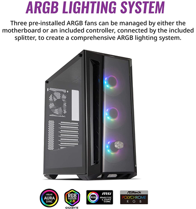 Case MasterBox MB520 ARGB, 2USB3,2xCombo 2.5/3.5 4x2.5SSD,incl.controller,3x ARGB Fr.Fans 120mm Rear Fan,Radiator Sup.,NO PSU