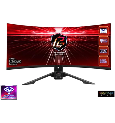 Monitor ASRock Phantom Gaming Curved PG34WQ15R3A 86,40cm (34)Wi-Fi Antenna integriert,LED,2xHDMI,DisplayPort,SP,165Hz