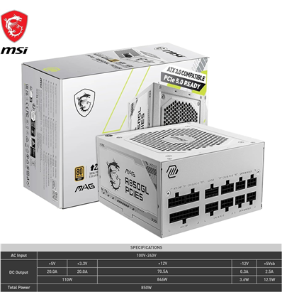 Alimentatore Modulare MSI MAG A850GL PCIE5 White