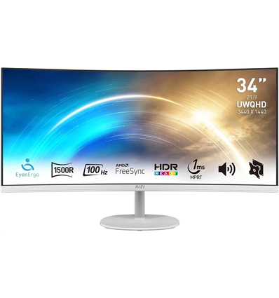 MSI PRO MP341CQW Monitor Curvo 34" UWQHD (3440 x 1440), Pannello 21:9, 100 Hz, 1 ms , Anti-Flicker, Speakers, Bianco